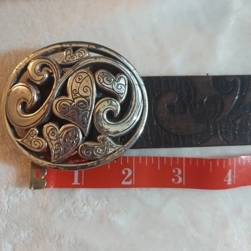 Brighton Dark Brown‎ Handtooled Leather Belt with Silver Heart Oval Buckle